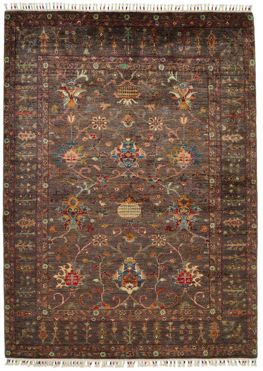 6x8 Dark Brown and Multicolor Turkish Tribal Rug
