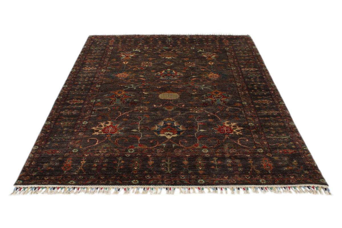 6x8 Dark Brown and Multicolor Turkish Tribal Rug