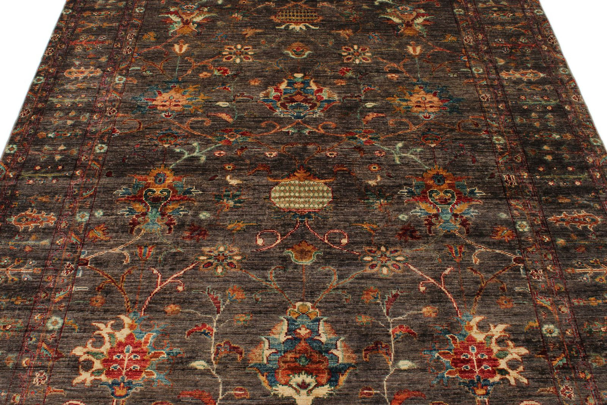 6x8 Dark Brown and Multicolor Turkish Tribal Rug
