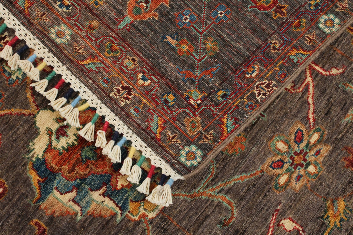 6x8 Dark Brown and Multicolor Turkish Tribal Rug