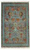 3x5 Dark Blue and Multicolor Turkish Tribal Rug
