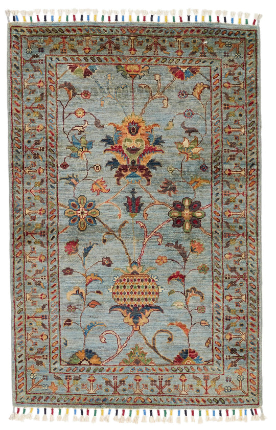 3x4 Light Gray and Multicolor Turkish Tribal Rug