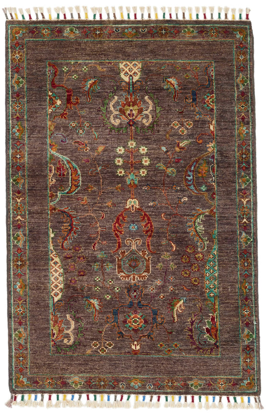 3x4 Dark Brown and Multicolor Turkish Tribal Rug