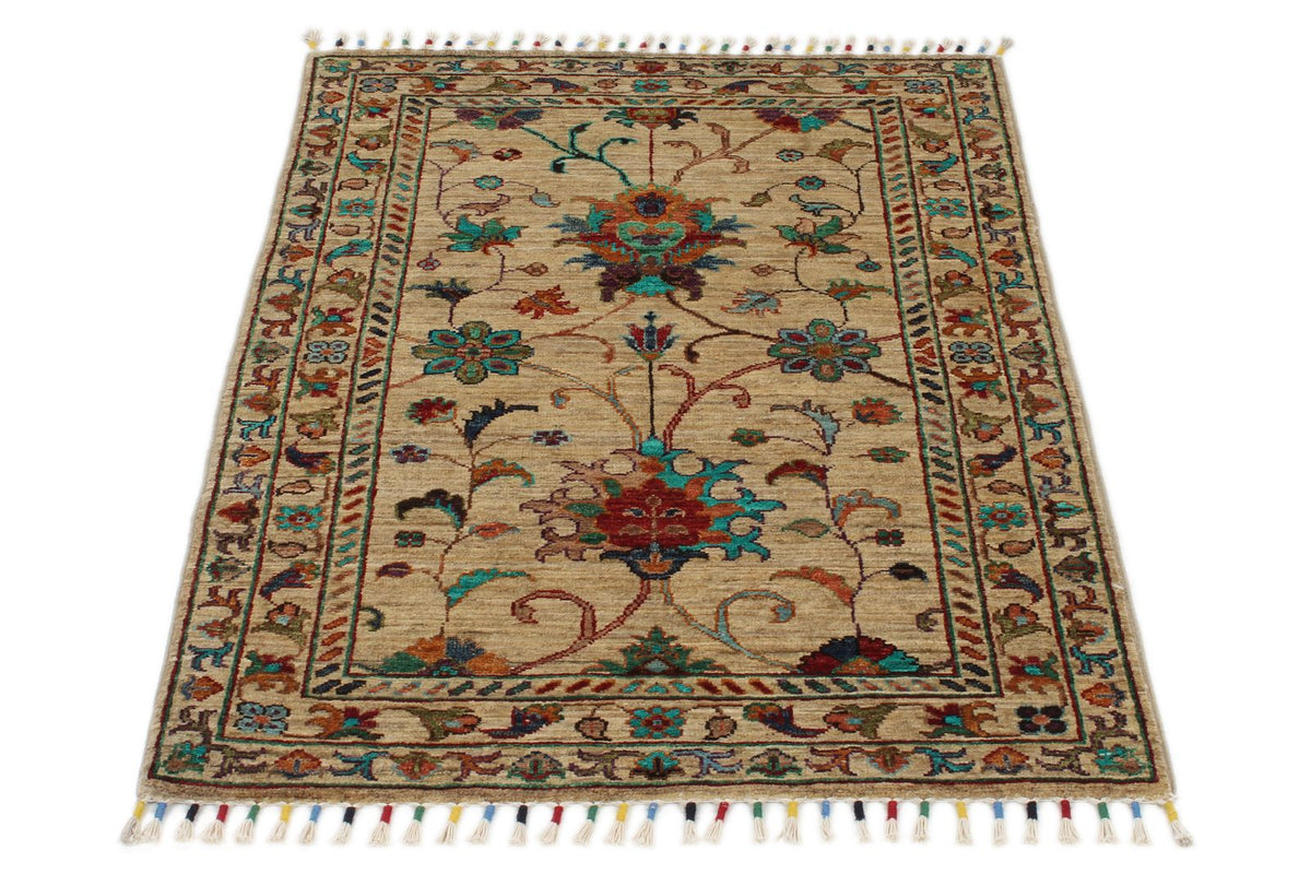 3x4 Beige and Multicolor Turkish Tribal Rug
