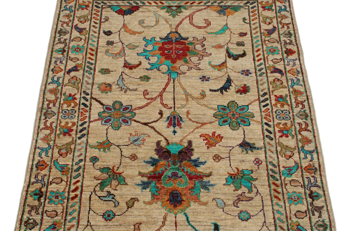 3x4 Beige and Multicolor Turkish Tribal Rug