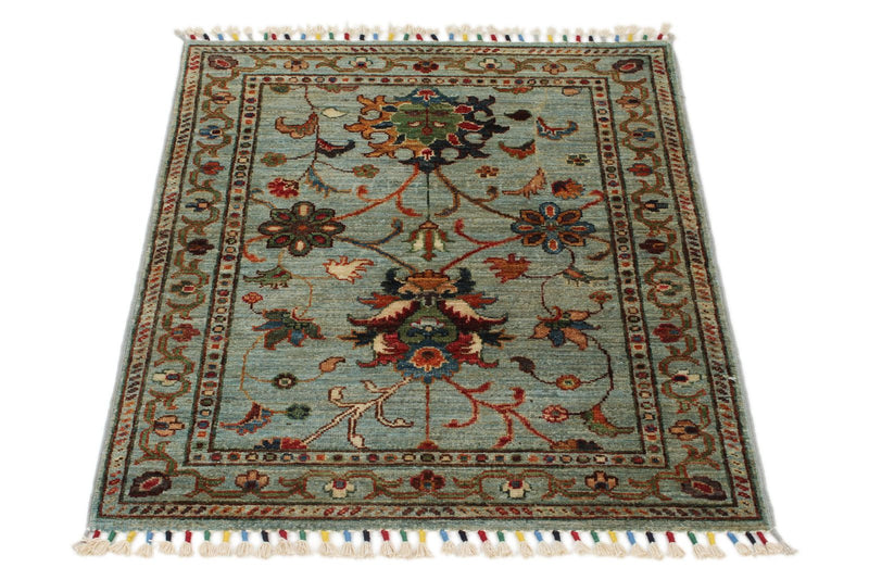 3x3 Light Blue and Multicolor Turkish Tribal Rug