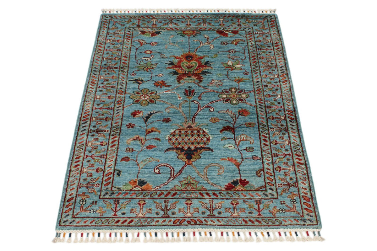 3x4 Light Blue and Multicolor Turkish Tribal Rug