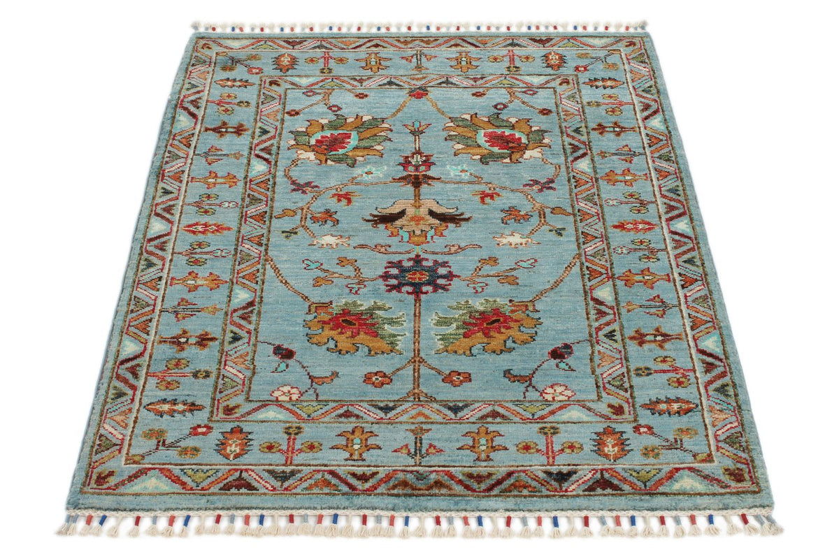 3x4 Light Blue and Multicolor Turkish Tribal Rug