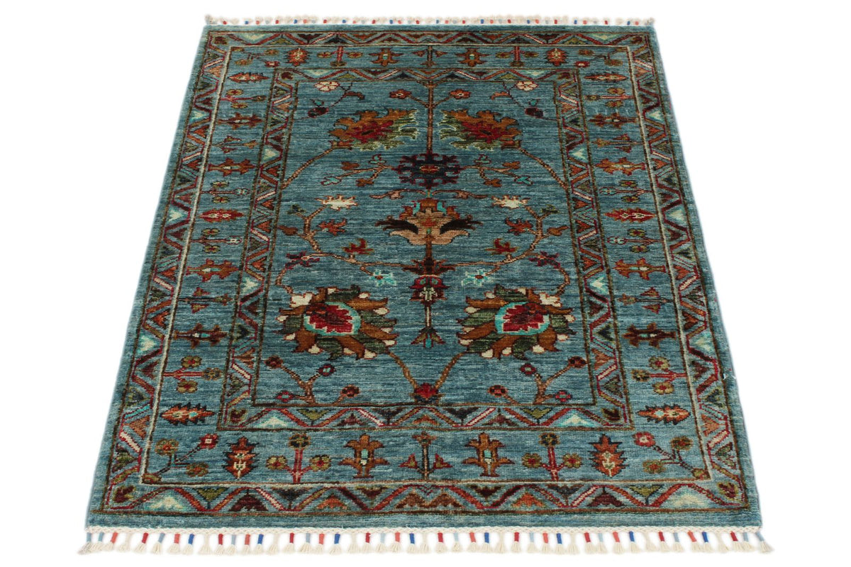 3x4 Light Blue and Multicolor Turkish Tribal Rug