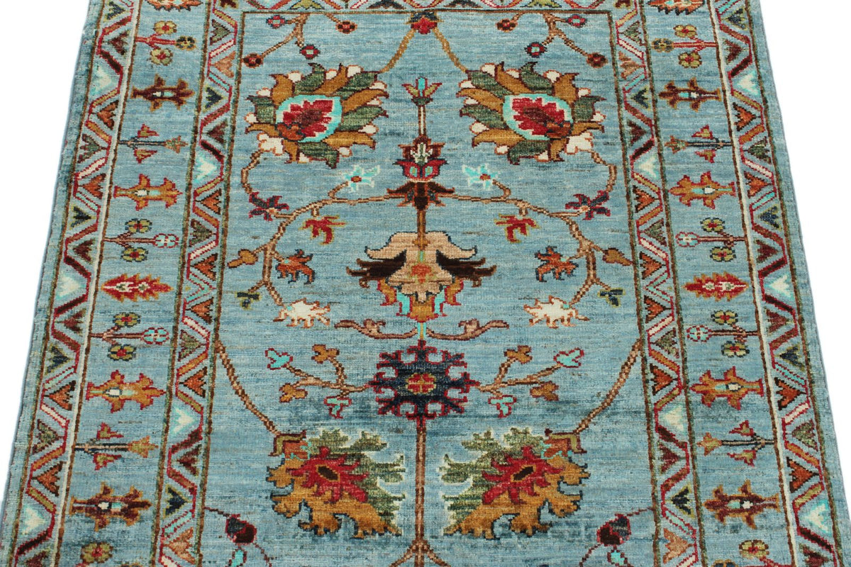 3x4 Light Blue and Multicolor Turkish Tribal Rug
