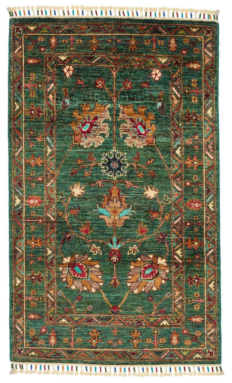 3x4 Green and Multicolor Turkish Tribal Rug