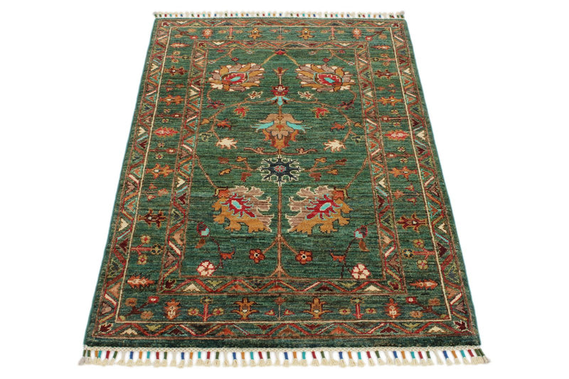 3x4 Green and Multicolor Turkish Tribal Rug