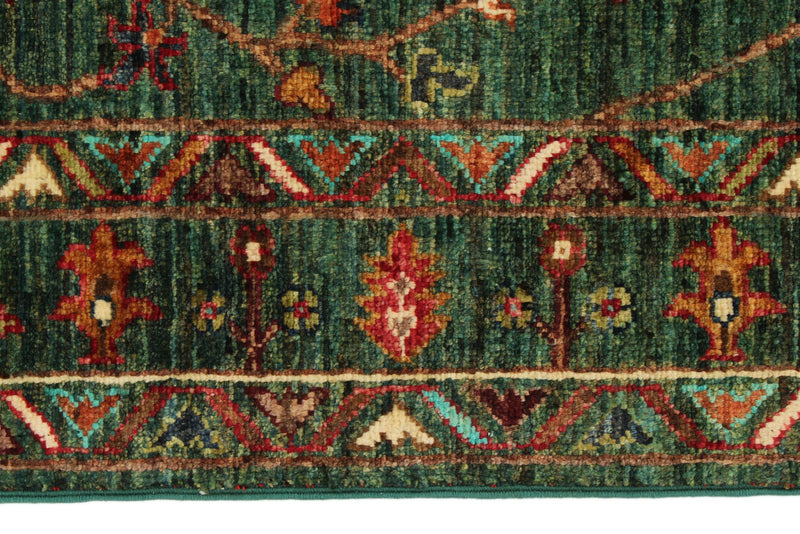 3x4 Green and Multicolor Turkish Tribal Rug