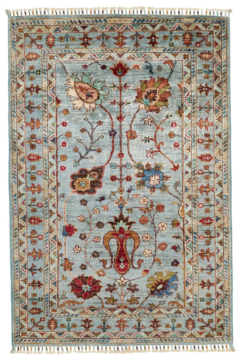 3x5 Light Blue and Multicolor Turkish Tribal Rug