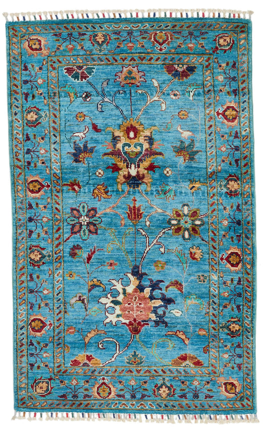 3x4 Light Blue and Multicolor Turkish Tribal Rug