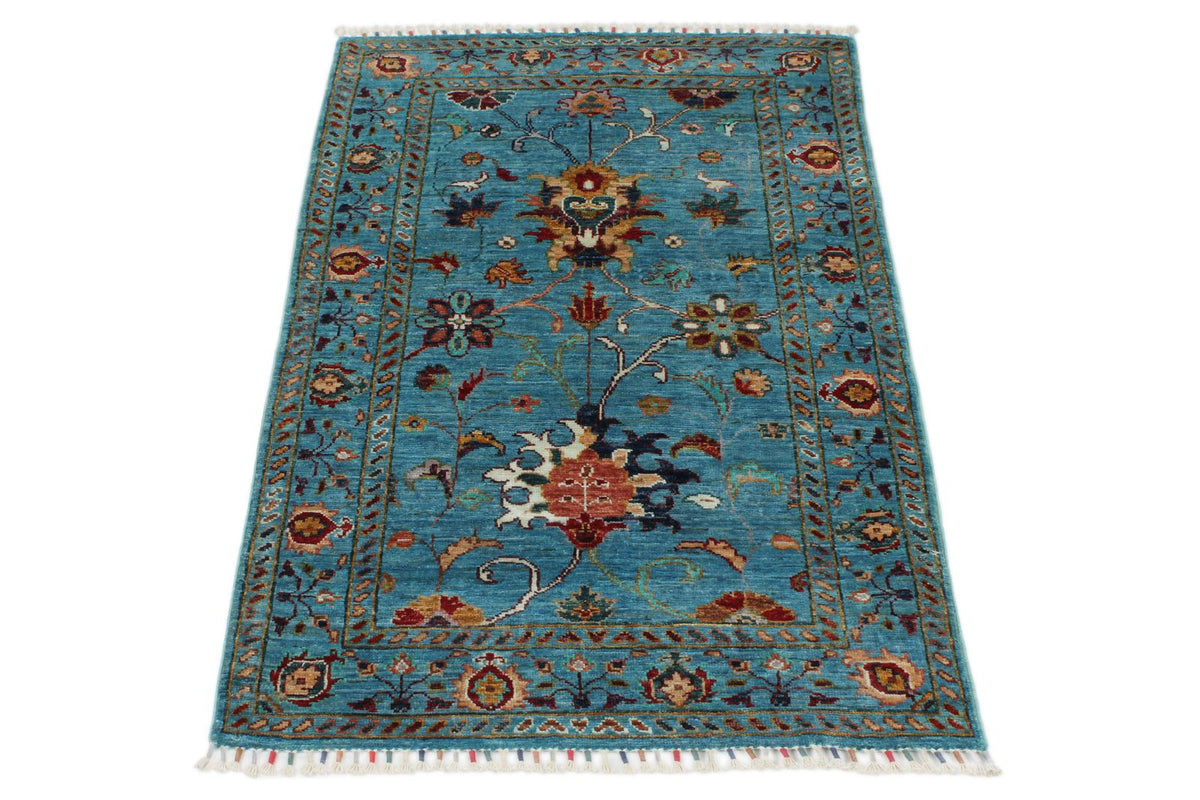 3x4 Light Blue and Multicolor Turkish Tribal Rug