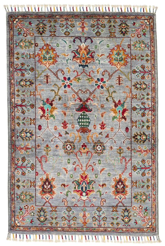 3x4 Light Gray and Multicolor Turkish Tribal Rug