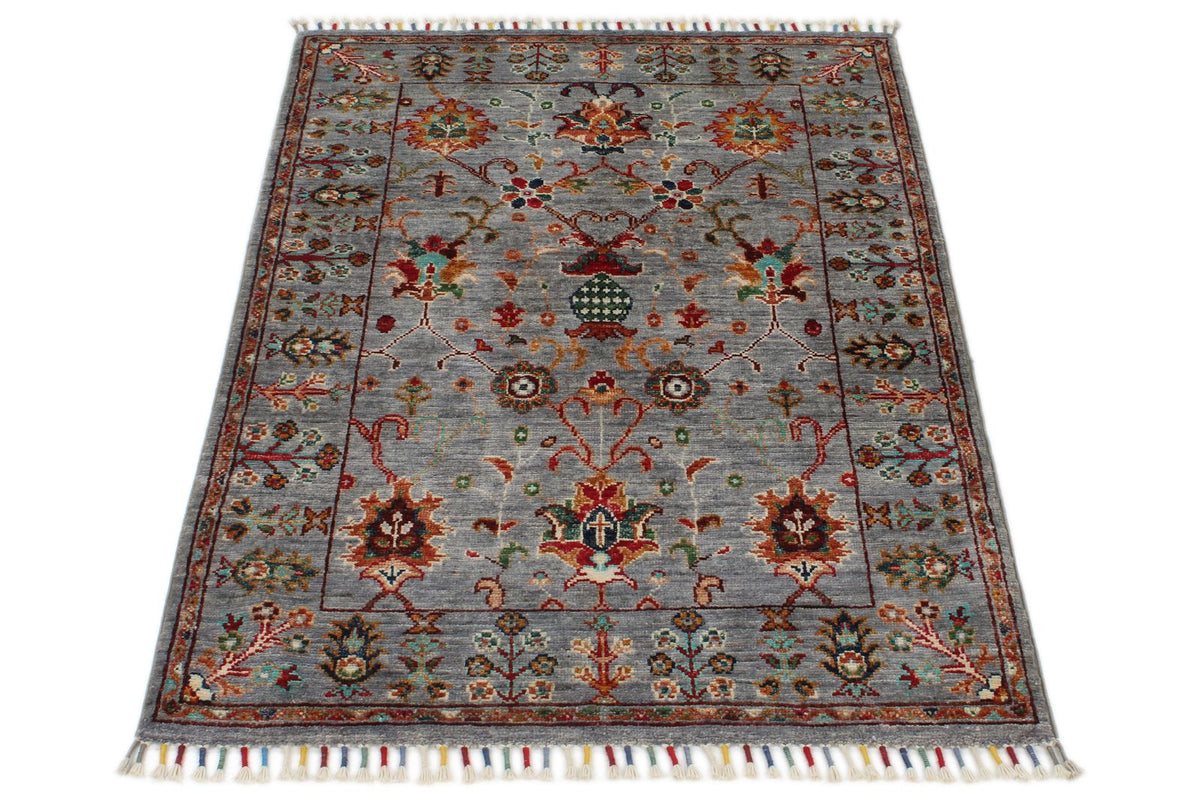 3x4 Light Gray and Multicolor Turkish Tribal Rug