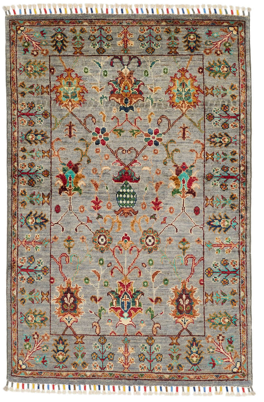 3x4 Light Gray and Multicolor Turkish Tribal Rug