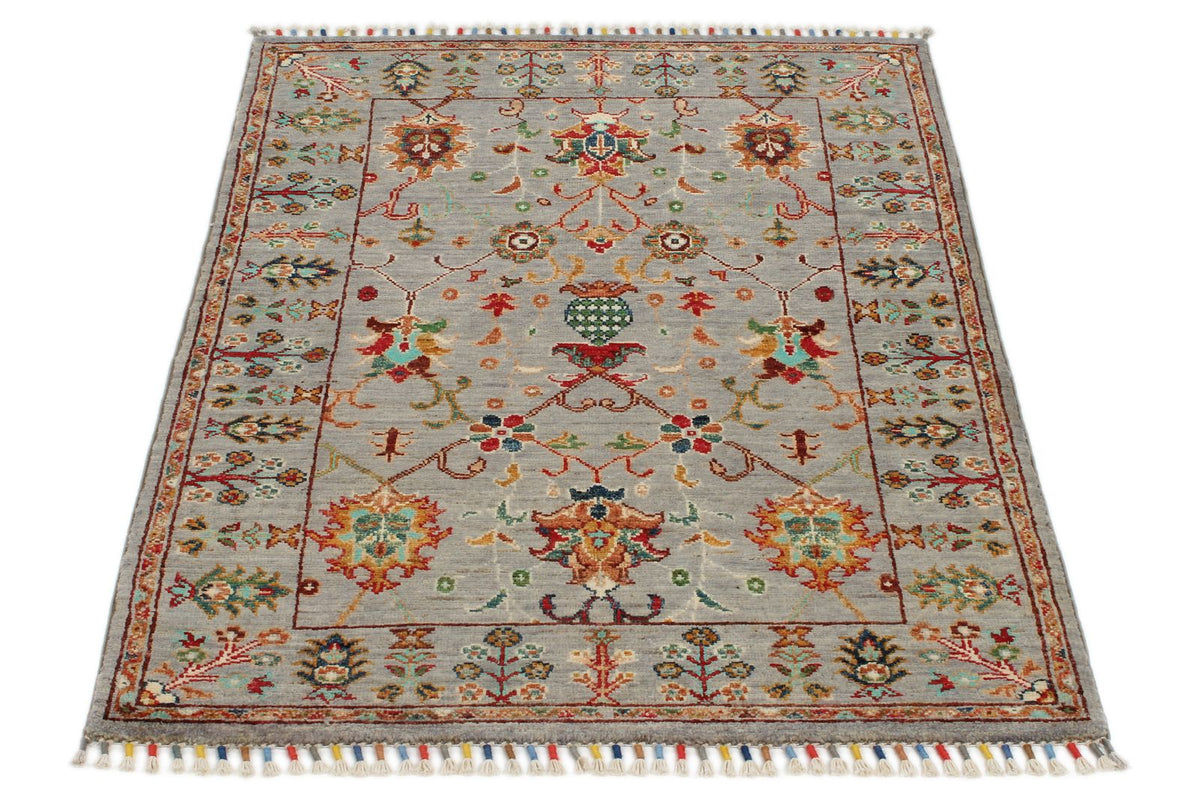 3x4 Light Gray and Multicolor Turkish Tribal Rug