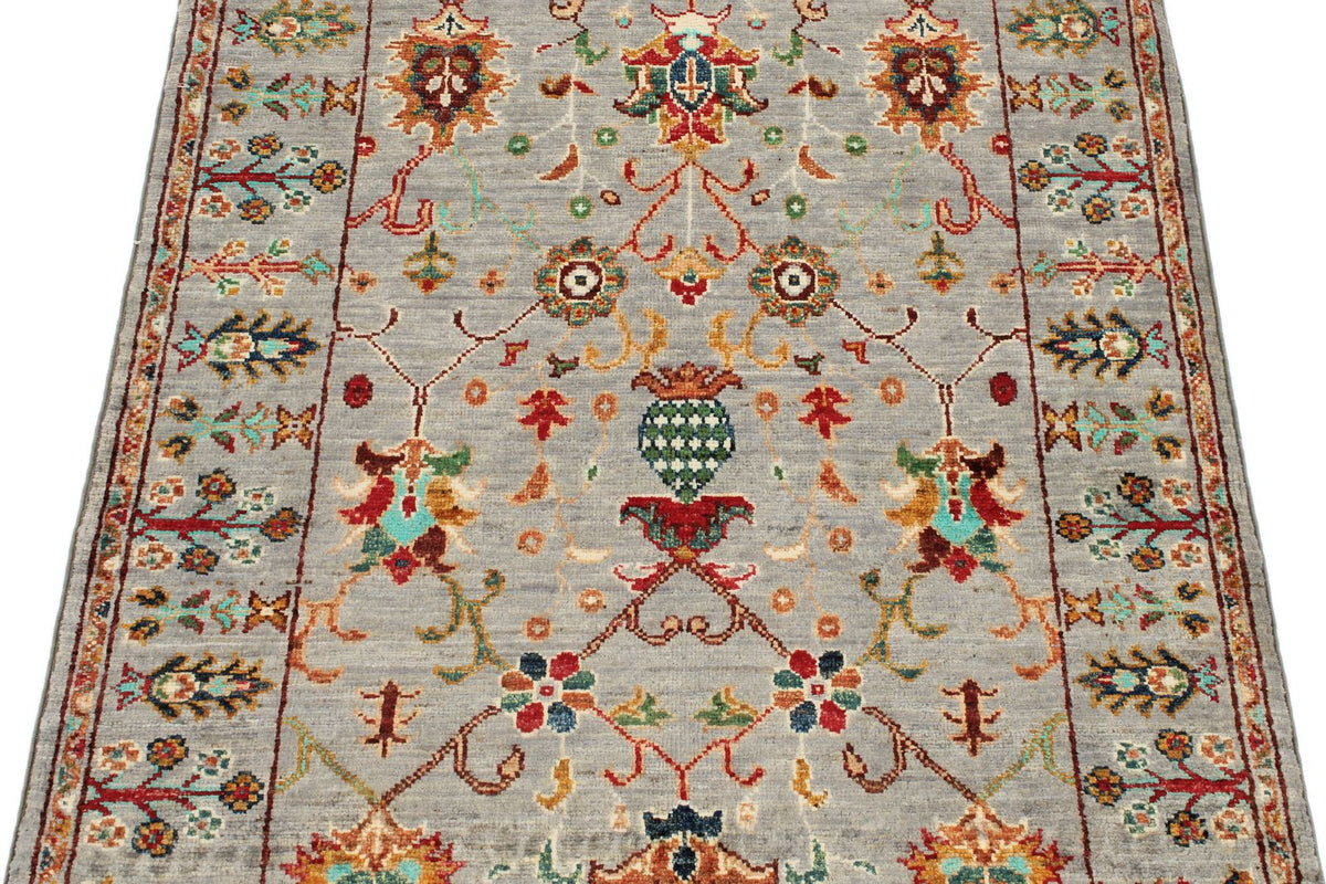 3x4 Light Gray and Multicolor Turkish Tribal Rug