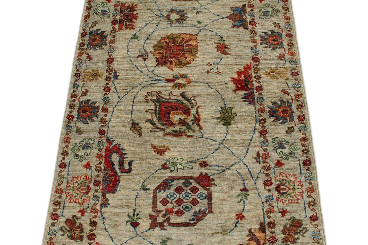 2x7 Ivory and Multicolor Turkish Tribal Runner