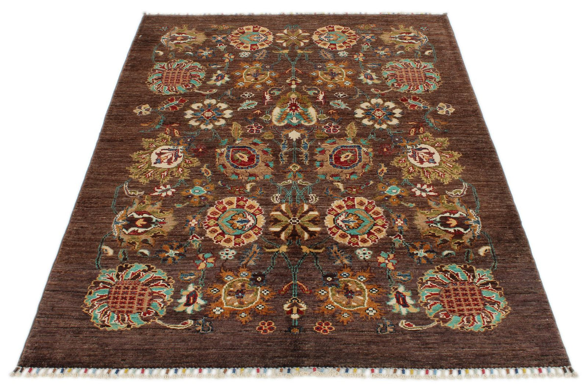 4x6 Brown and Multicolor Turkish Tribal Rug
