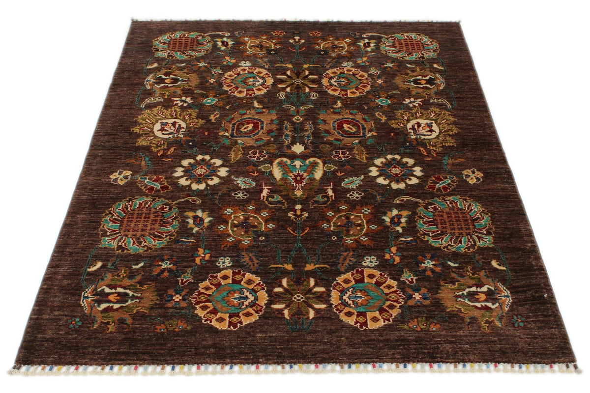 4x6 Brown and Multicolor Turkish Tribal Rug