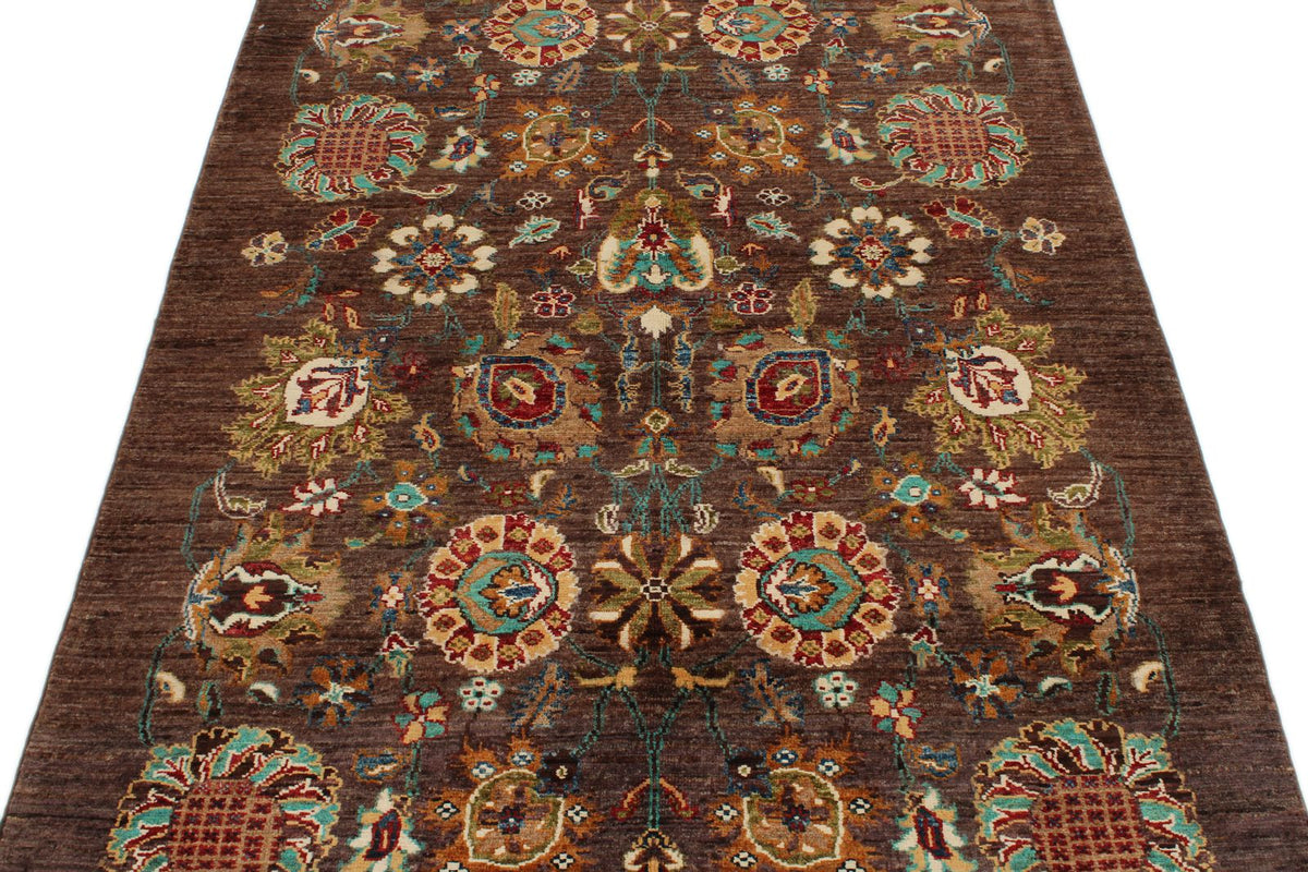 4x6 Brown and Multicolor Turkish Tribal Rug