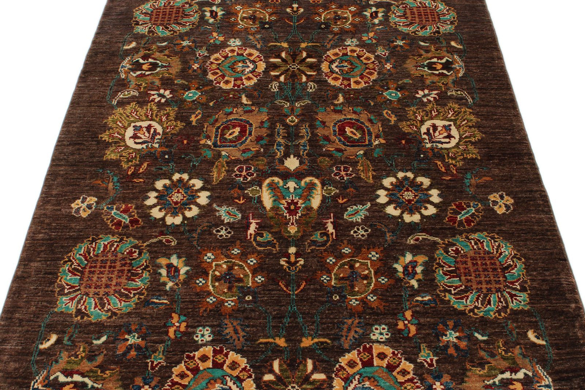 4x6 Brown and Multicolor Turkish Tribal Rug