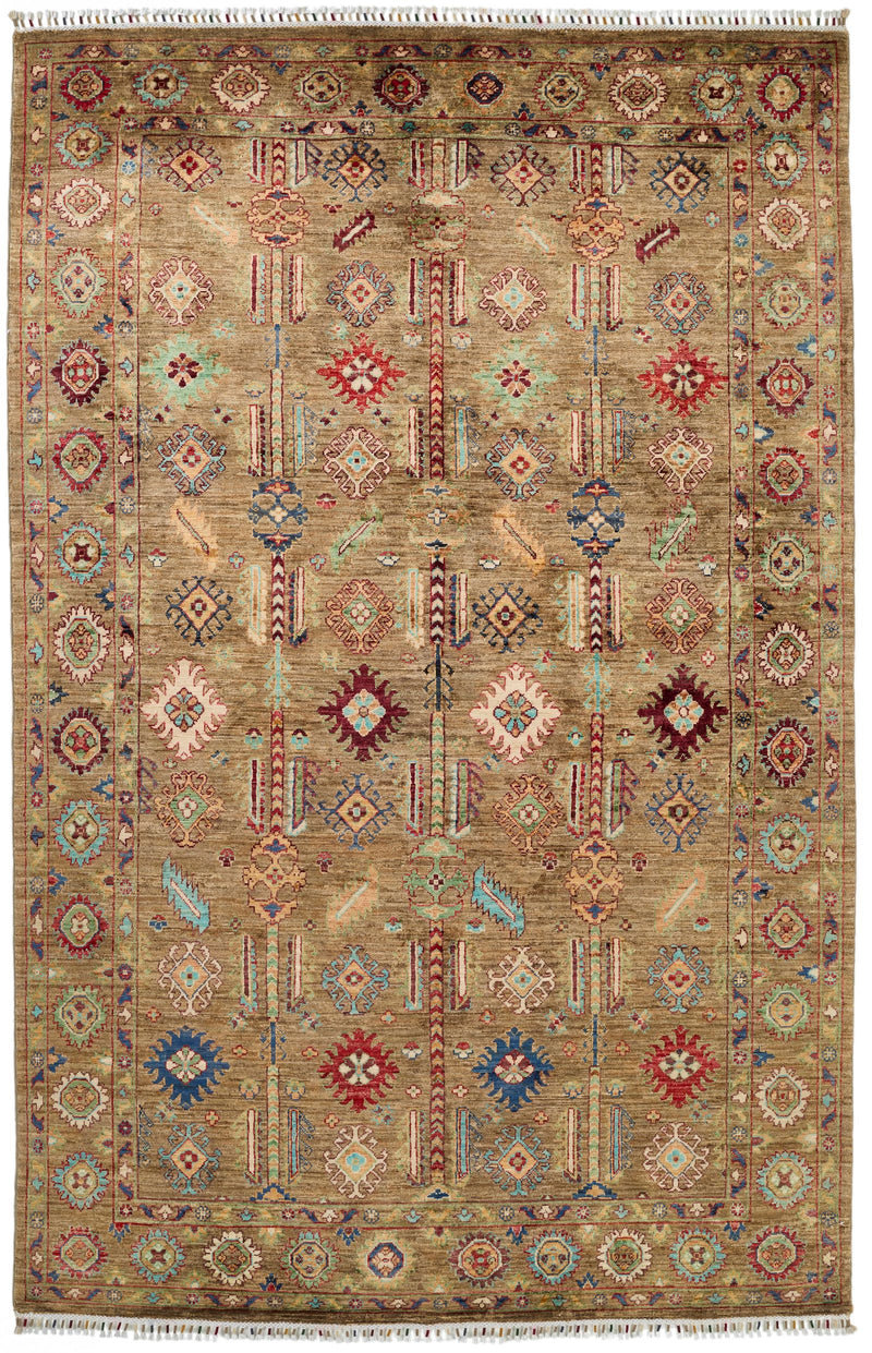 5x8 Light Brown and Multicolor Turkish Tribal Rug