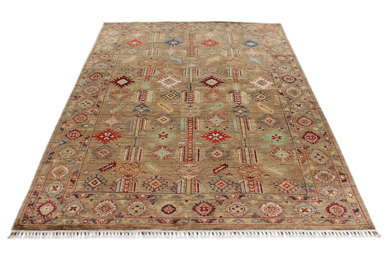 5x8 Light Brown and Multicolor Turkish Tribal Rug