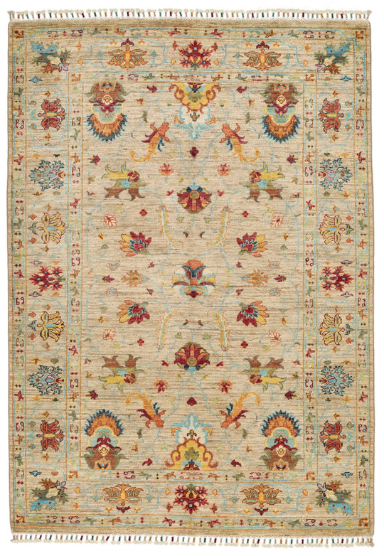 4x6 Ivory and Multicolor Turkish Tribal Rug