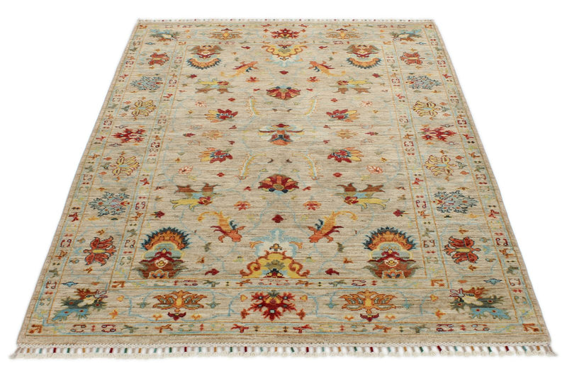4x6 Ivory and Multicolor Turkish Tribal Rug