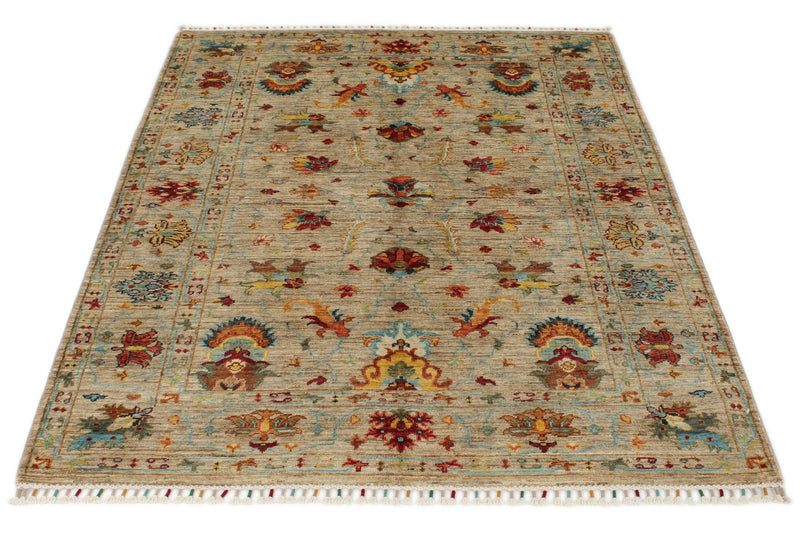 4x6 Ivory and Multicolor Turkish Tribal Rug