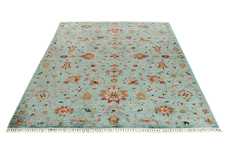 6x8 Light Blue and Multicolor Turkish Tribal Rug
