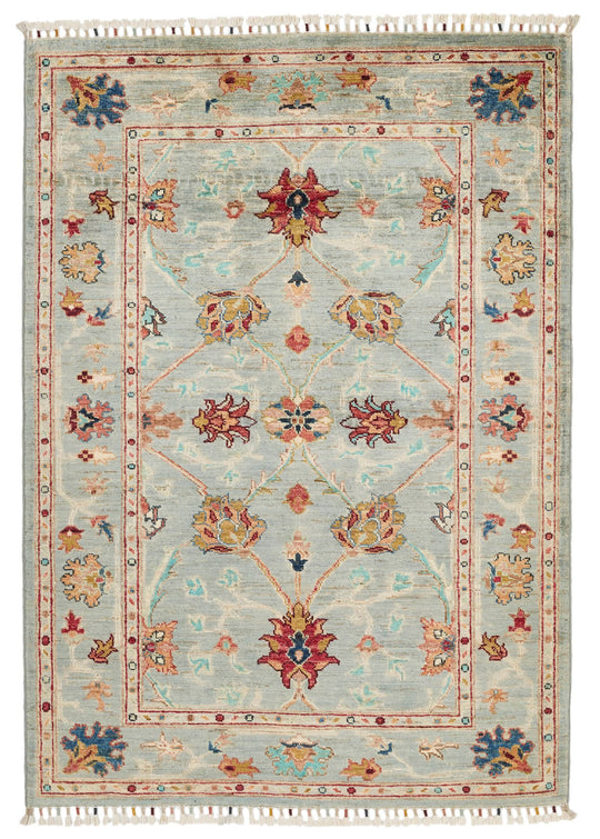 4x5 Light Blue and Multicolor Turkish Tribal Rug