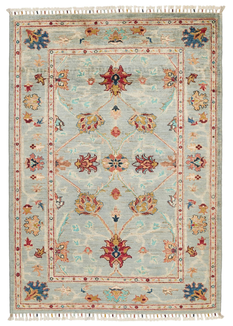 4x5 Light Blue and Multicolor Turkish Tribal Rug