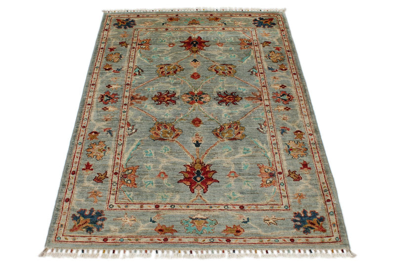 4x5 Light Blue and Multicolor Turkish Tribal Rug