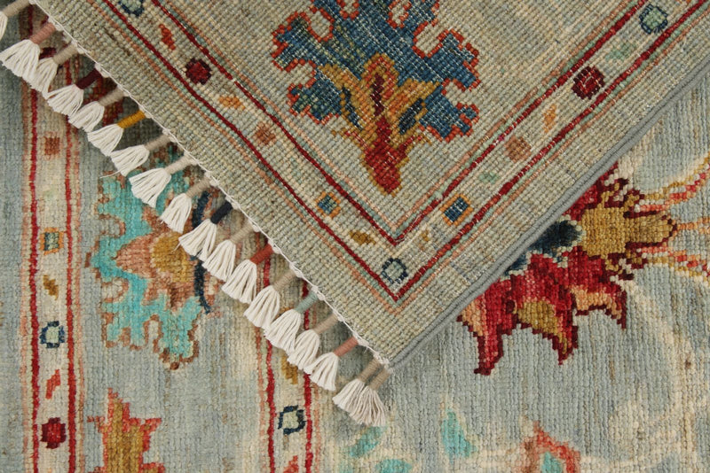 4x5 Light Blue and Multicolor Turkish Tribal Rug