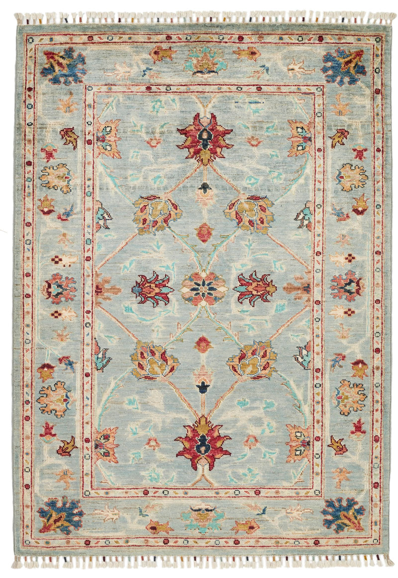 4x5 Light Blue and Multicolor Turkish Tribal Rug