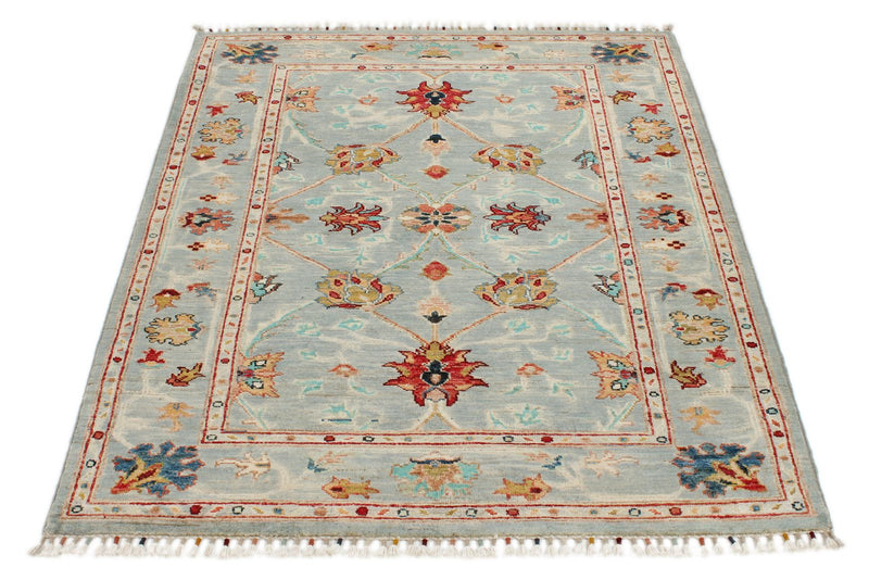 4x5 Light Blue and Multicolor Turkish Tribal Rug