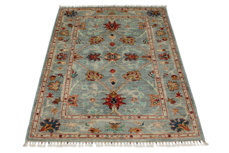 4x5 Light Blue and Multicolor Turkish Tribal Rug