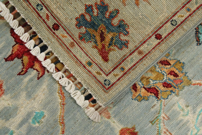 4x5 Light Blue and Multicolor Turkish Tribal Rug