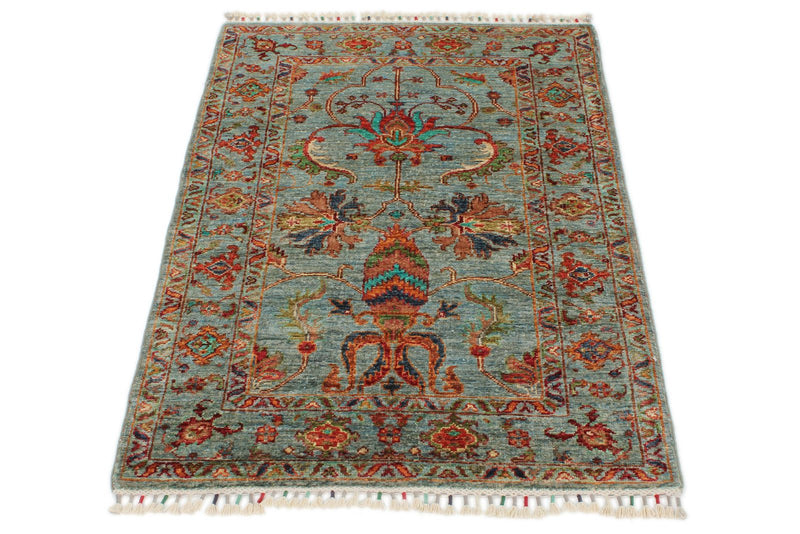 3x4 Light Blue and Multicolor Turkish Tribal Rug