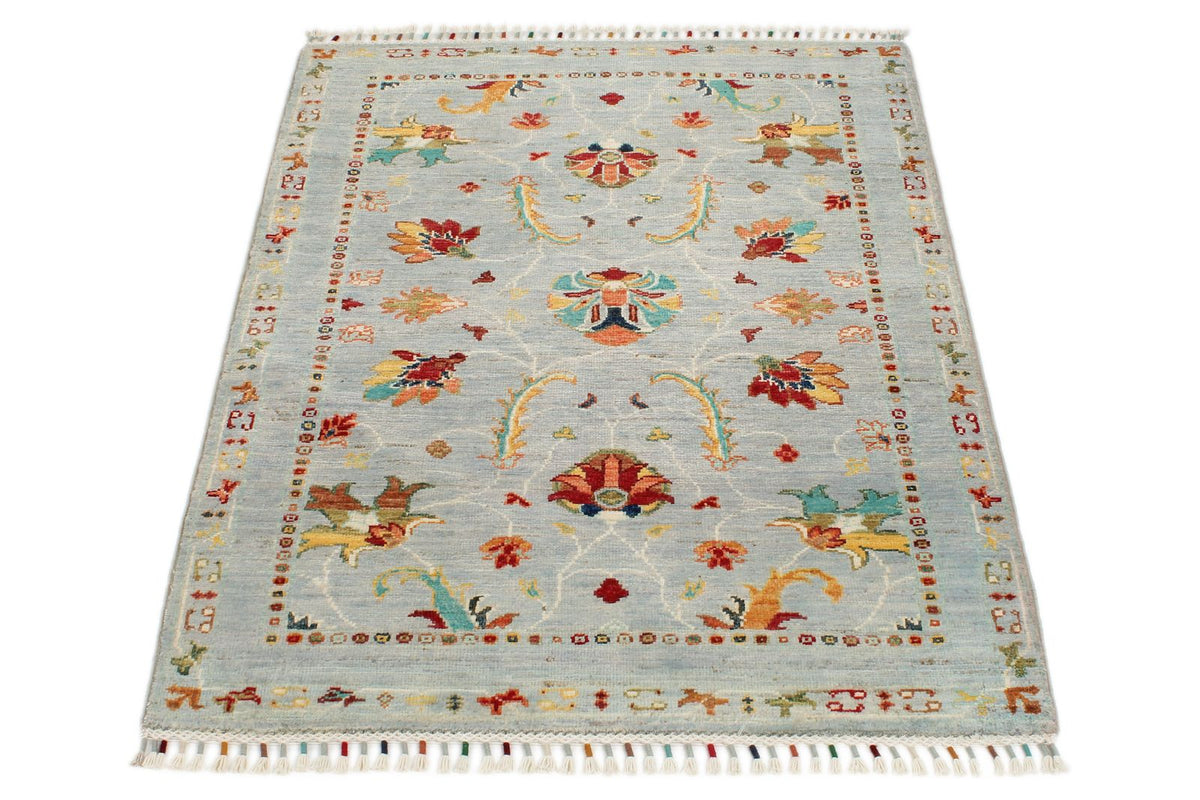 3x4 Light Gray and Multicolor Turkish Tribal Rug