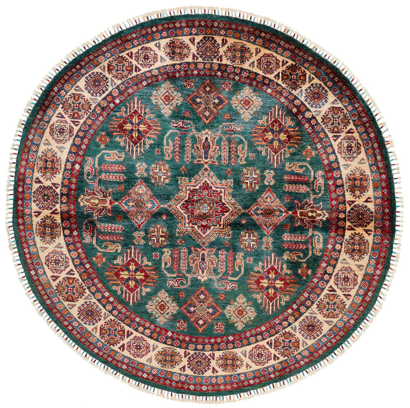 6x6 Green and Red Kazak Tribal Rug