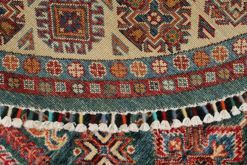 6x6 Green and Red Kazak Tribal Rug