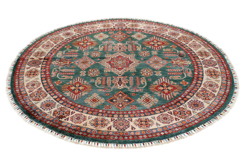 6x6 Green and Red Kazak Tribal Rug