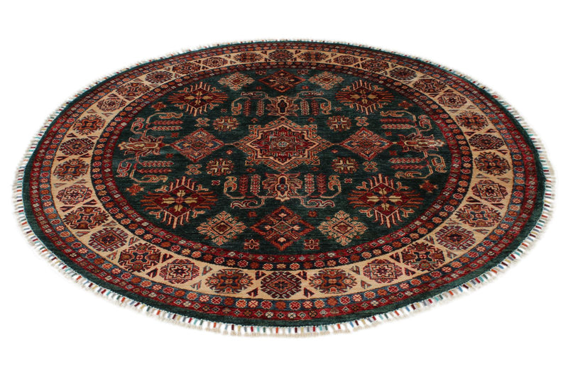 6x6 Green and Red Kazak Tribal Rug